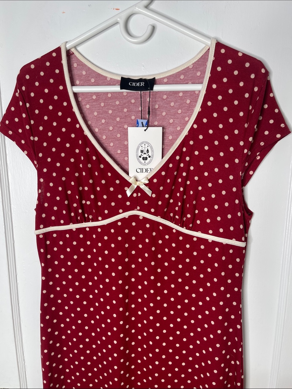 New Cider Dress XL Brick Red Polka Dots Bow Stretch Cap Sleeves V-neck Sexy NWT - Picture 2 of 14